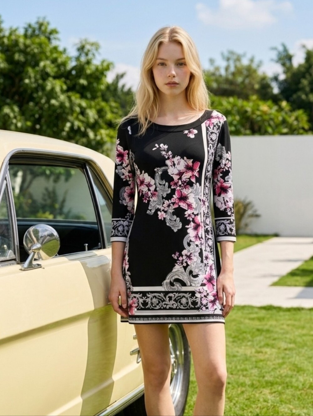 White House Black Market Black Floral-Print Dress with Pink Accents
